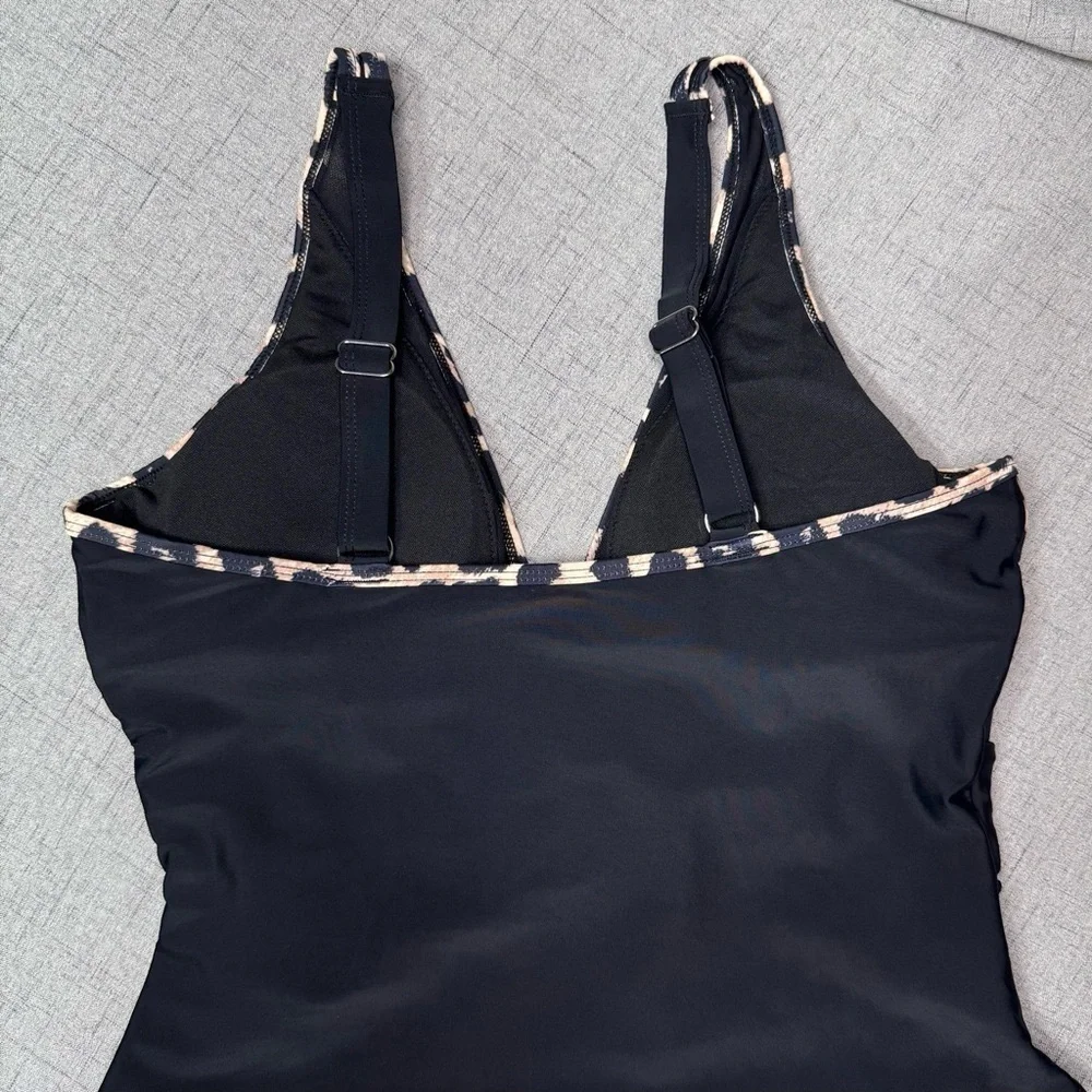 Black & Leopard Print Mesh One Piece Swimsuit Slimming Tummy Control L XL NWT - Picture 9 of 12